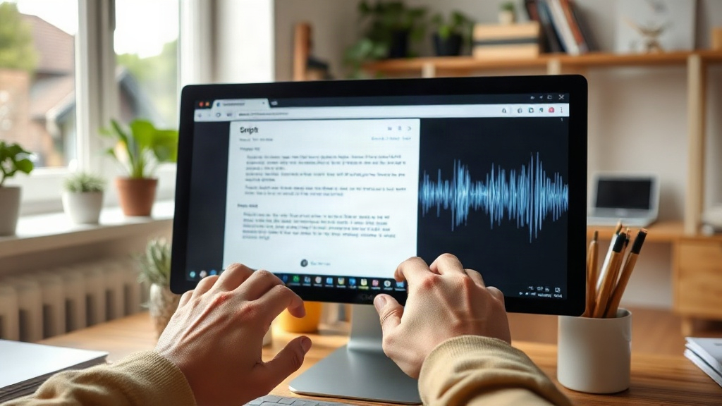 Manos escribiendo un guion en una herramienta web de texto a voz con la onda de audio en pantalla