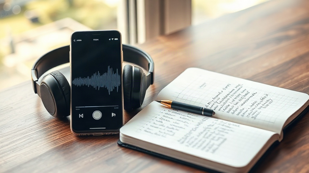 Teléfono con un audio generado por IA junto a auriculares y notas escritas a mano