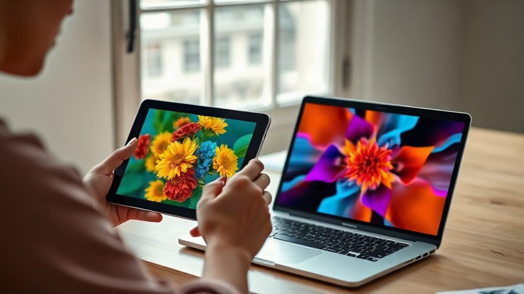 Persona comparando imágenes generadas por distintas herramientas de IA en una tablet y una computadora