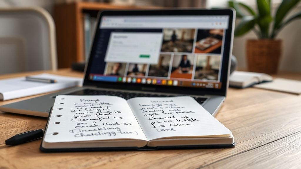 Cuaderno con notas al lado de una computadora mostrando una descripción y cuatro imágenes generadas