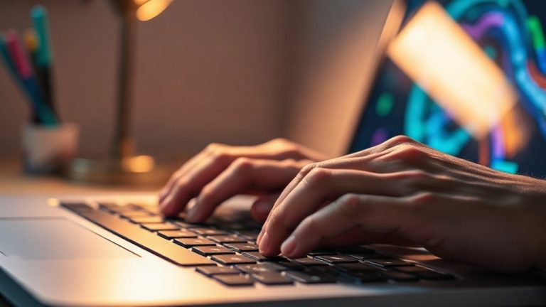 Persona escribiendo una descripción en la computadora para generar imágenes con inteligencia artificial