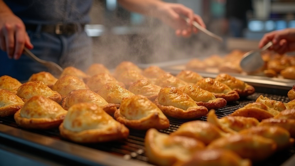 Puesto de mercado en Argentina sirviendo empanadas y sándwiches recién hechos
