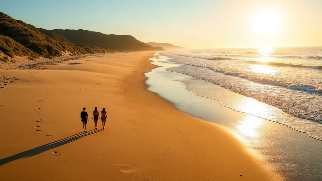 Playa de arena dorada en Argentina al atardecer con dunas y vegetación, ideal para el verano