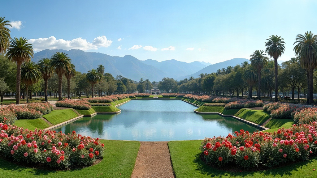 Vista panorámica del Parque General San Martín con su lago y la cordillera de fondo