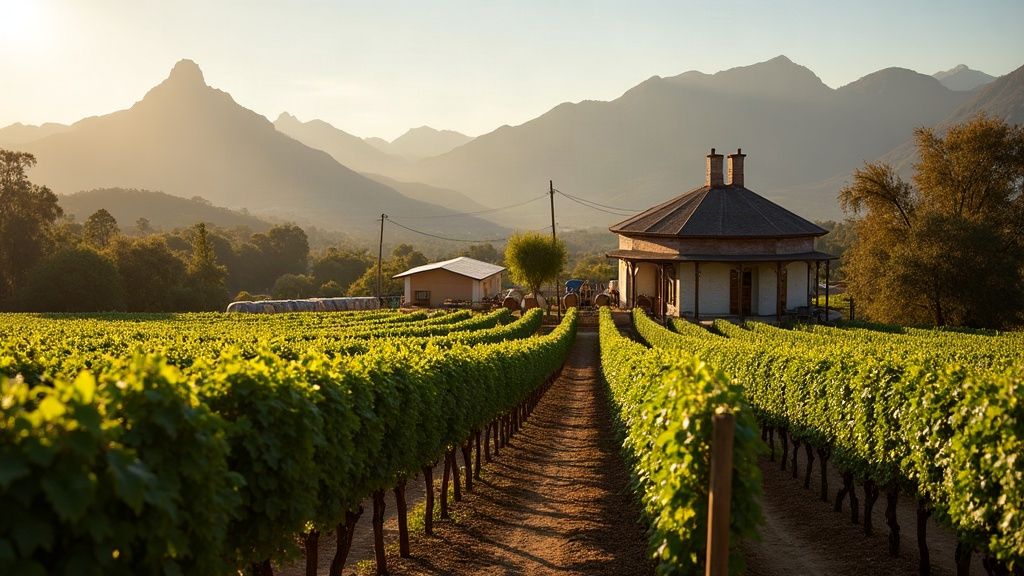 Viñedos de una bodega mendocina con la cordillera de los Andes de fondo