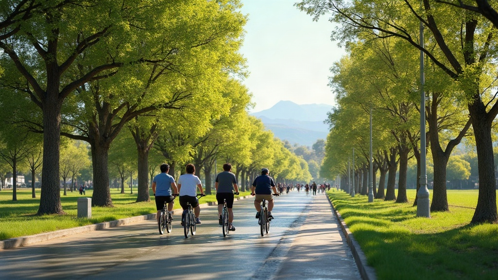 Ciclistas y caminantes en una avenida arbolada de Mendoza con acequias y montañas al fondo