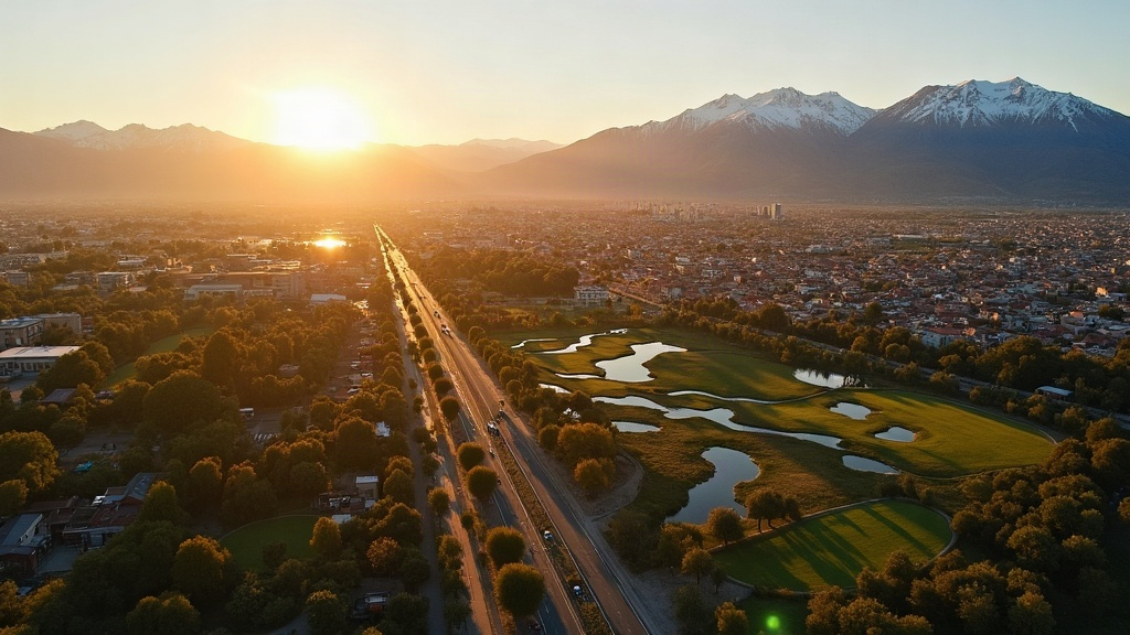 Vista aérea de la ciudad de Mendoza al atardecer con la cordillera de los Andes de fondo