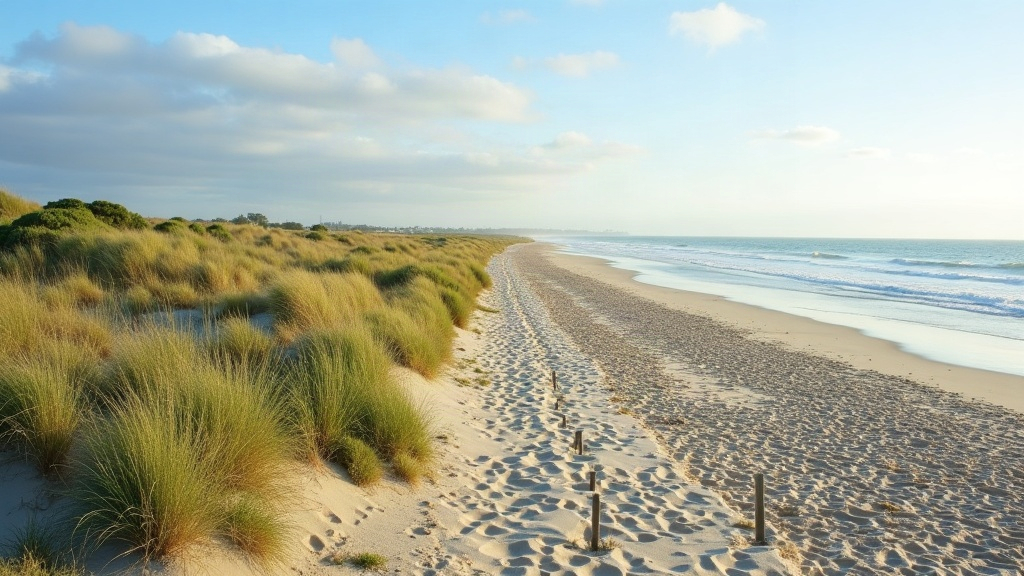 Playa tranquila de un pueblo costero bonaerense con dunas y mar calmo