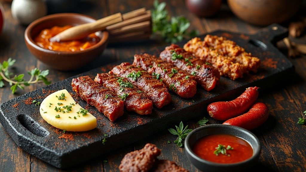 Parrilla argentina con tira de asado, chorizo y provoleta junto a un bowl de chimichurri