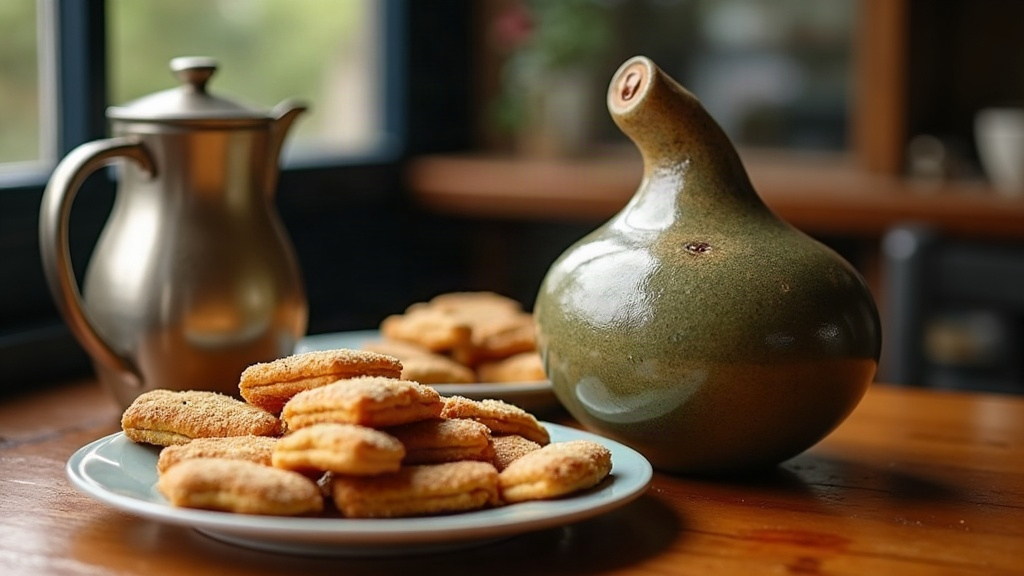 Mate con bombilla, termo y un plato con alfajores y facturas sobre una mesa de café