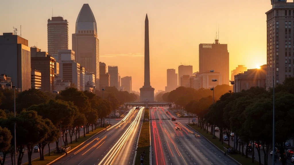 Vista del Obelisco y la Avenida 9 de Julio en Buenos Aires al atardecer