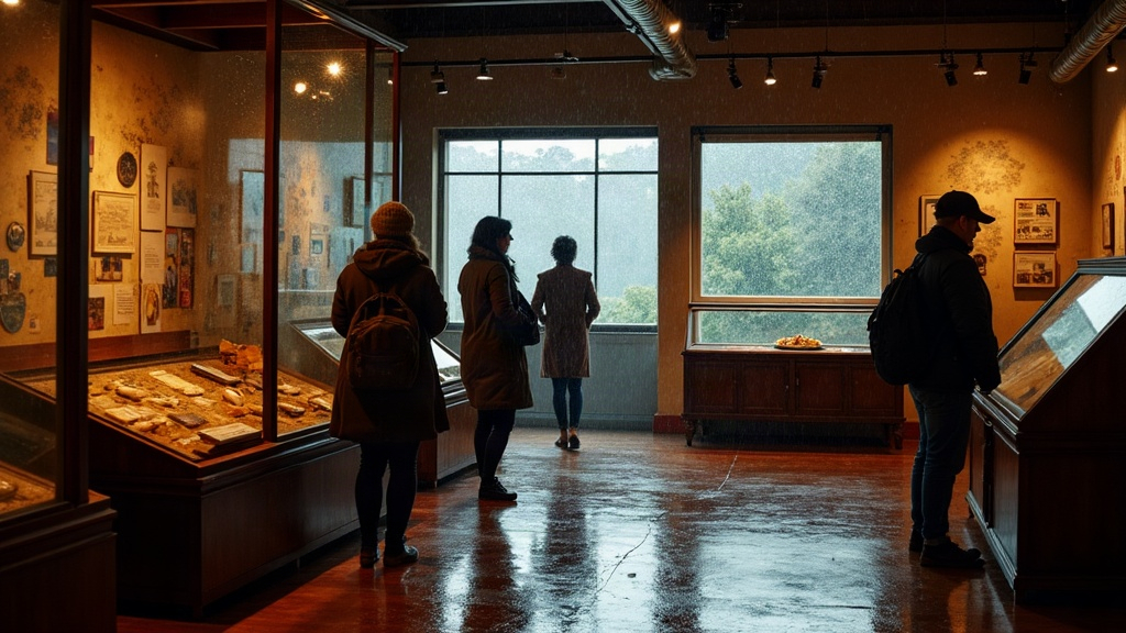 Interior de un museo de la Costa Atlántica argentina en un día de lluvia, con visitantes recorriendo las salas