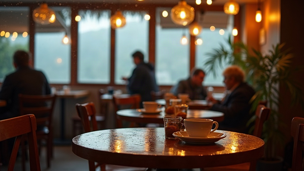 Interior cálido de un café de la Costa Atlántica argentina en una tarde de lluvia, con mesas de madera, café y alfajores