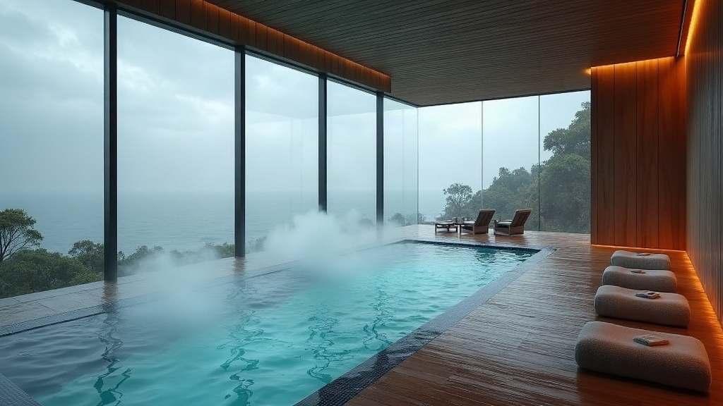 Pileta climatizada de un spa en la Costa Atlántica argentina con ventanales que muestran un día de lluvia