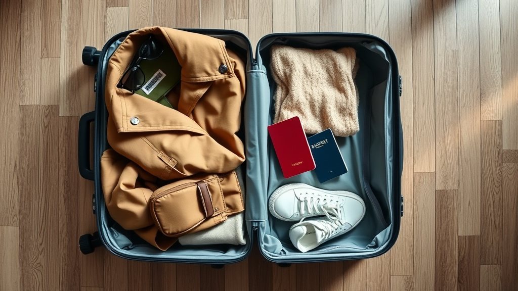 Valija abierta con ropa, campera, calzado y documentación para viajar por Argentina según la temporada