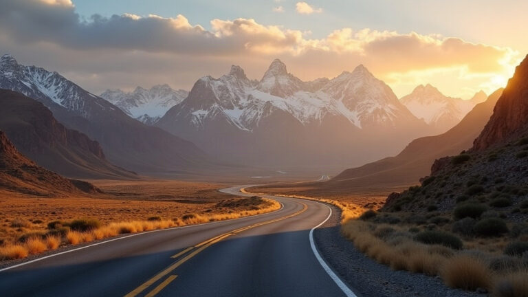 Camino escénico entre montañas de los Andes en Argentina durante el atardecer