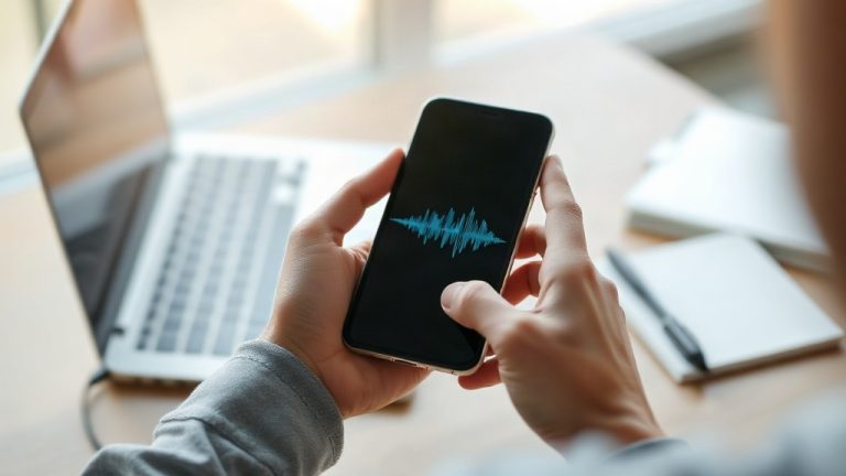 Persona revisando en su celular una grabación de voz sospechosa junto a una computadora