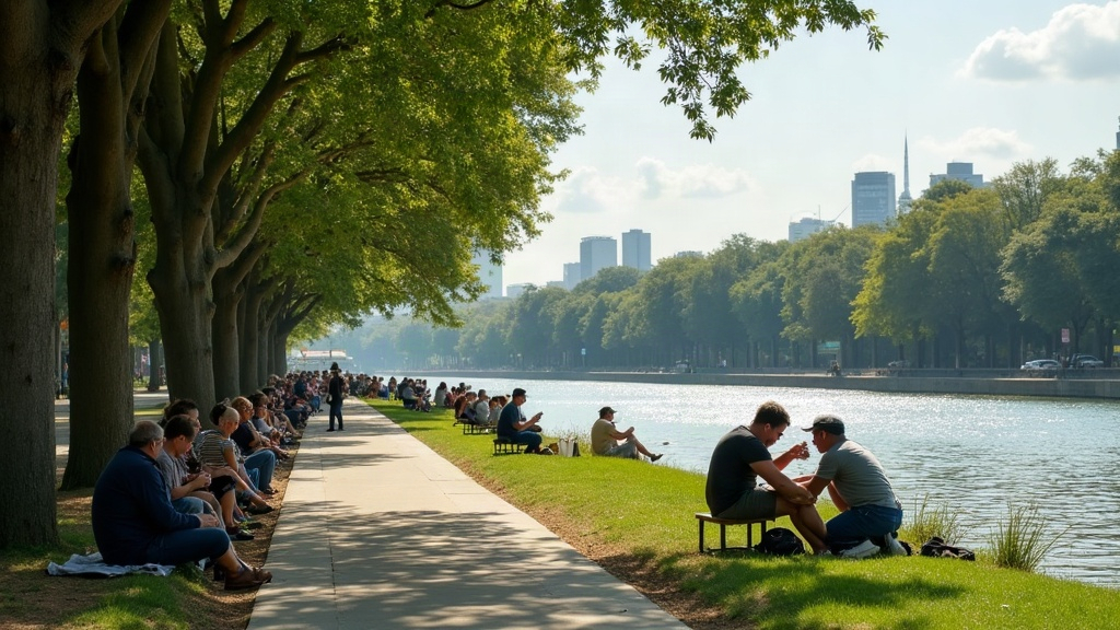 Personas tomando mate en la costanera de Rosario con el río Paraná de fondo