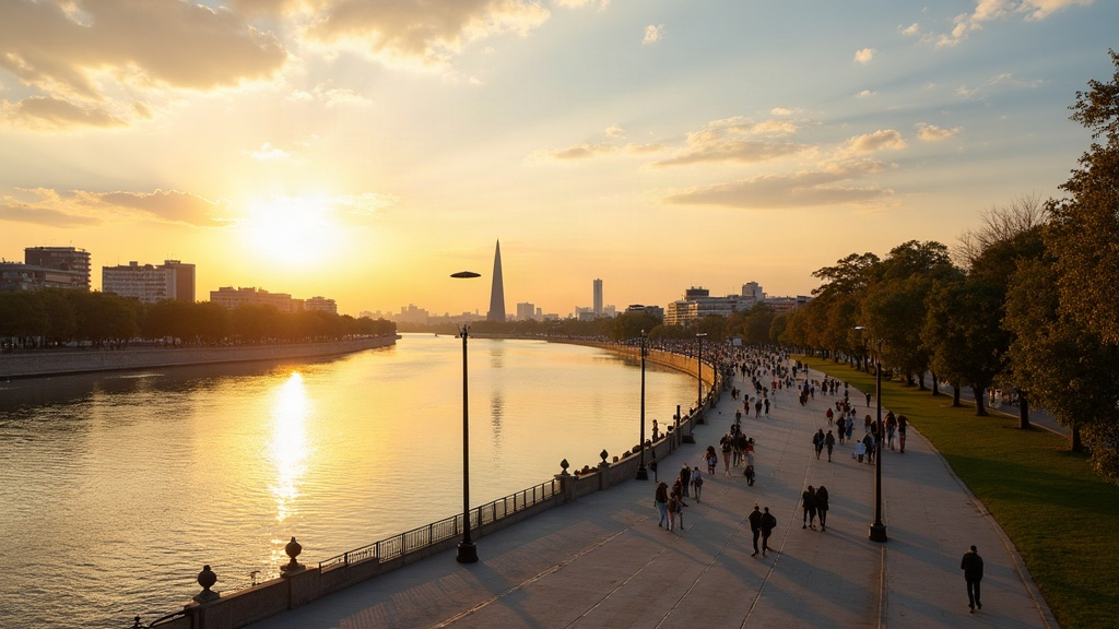 Vista panorámica de la costanera de Rosario y el río Paraná al atardecer