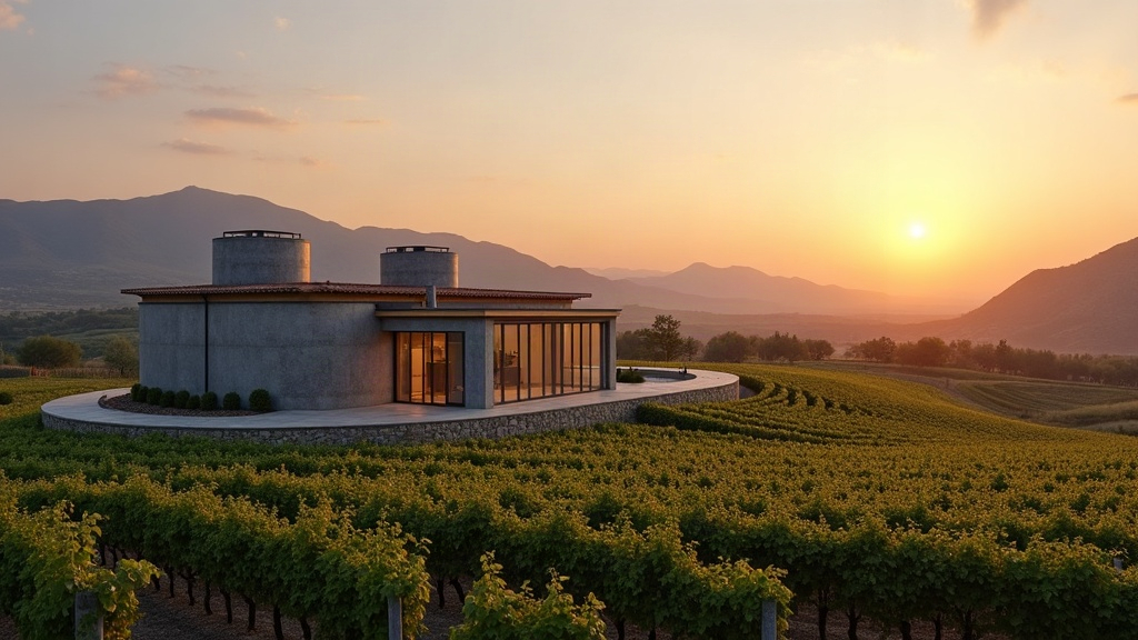 Bodega moderna rodeada de viñedos en una región vitivinícola de Argentina