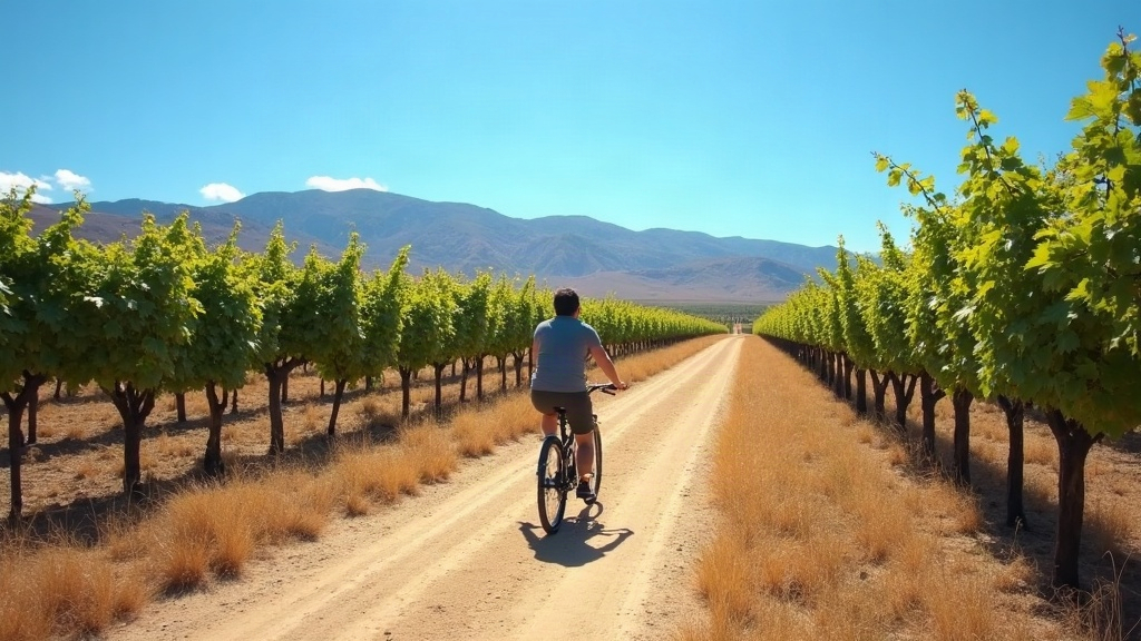 Turista recorriendo en bicicleta los viñedos de Maipú, Mendoza