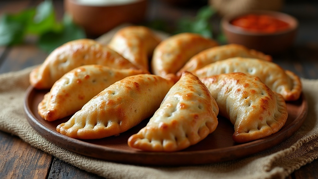 Empanadas tucumanas recién horneadas sobre una mesa de madera