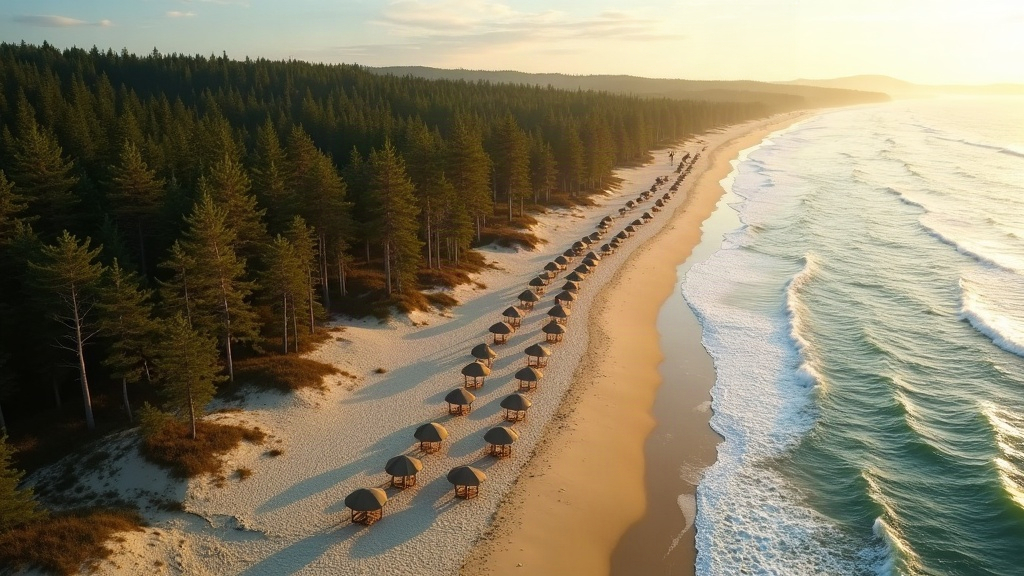 Vista aérea de una playa amplia de Villa Gesell con el bosque de pinos de fondo