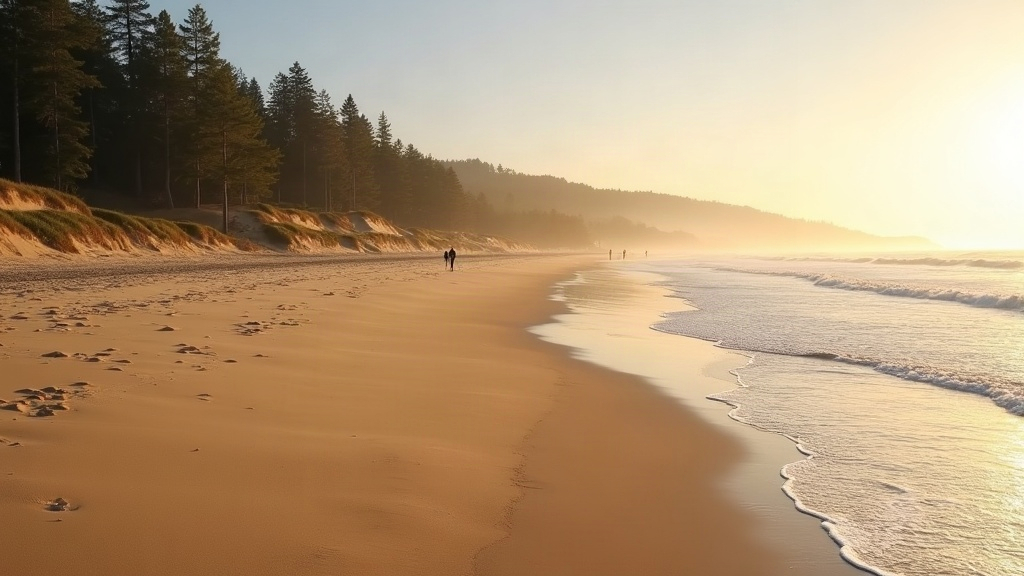 Playa de Villa Gesell al atardecer con el bosque de pinos y las dunas de fondo